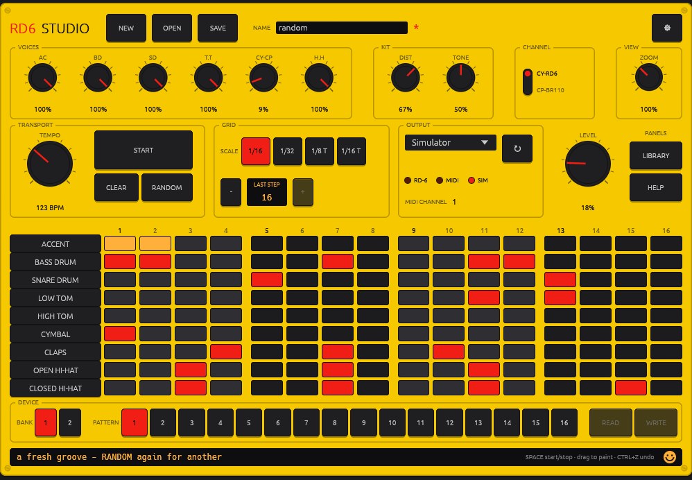 RD6 Studio: the drum grid, voice panel and transport